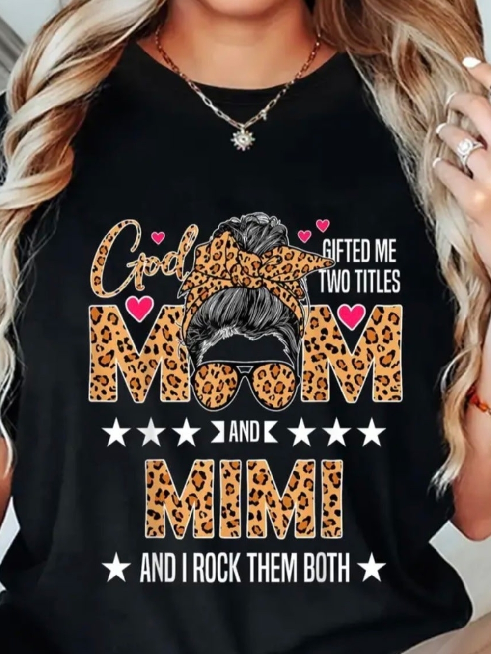 Leopard Print 'Mom and Mimi' Graphic Tee - Black